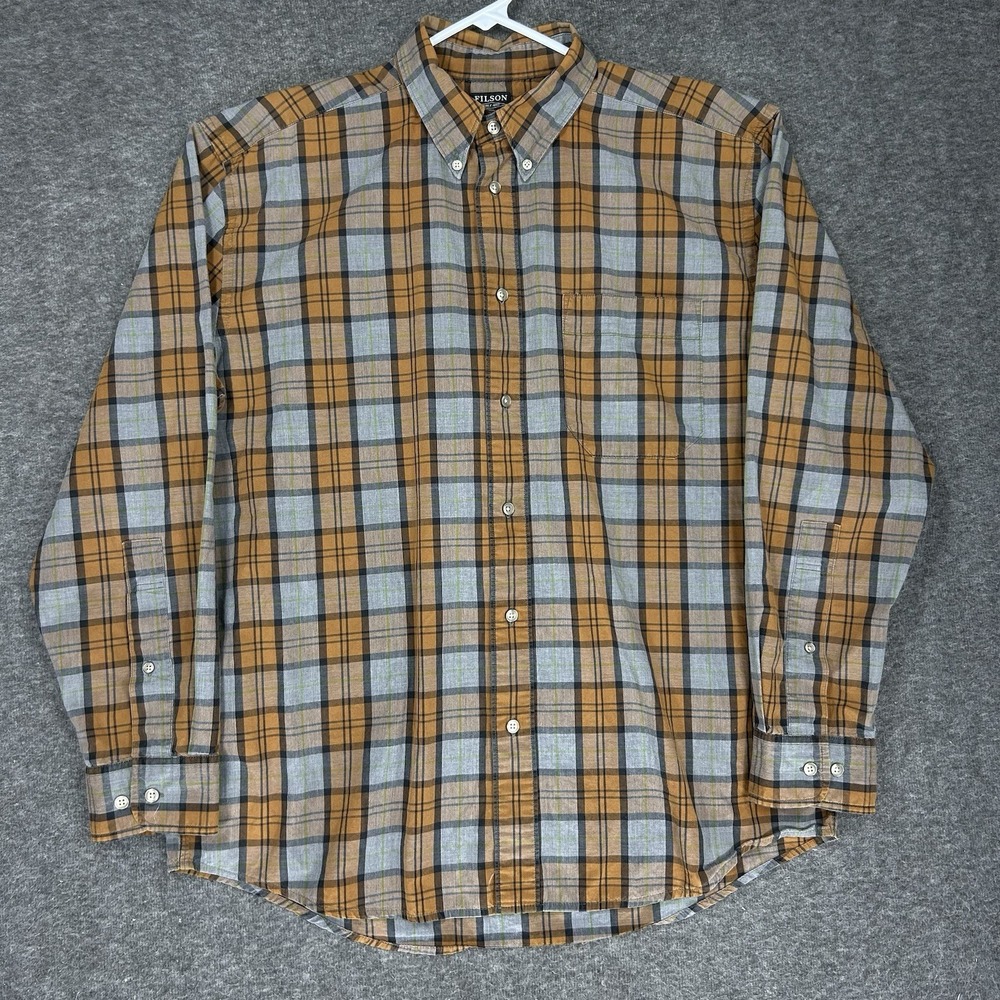 Filson Sutter Sport Shirt Mens L Bronze Grey Plaid Button Down Cotton Outdoor